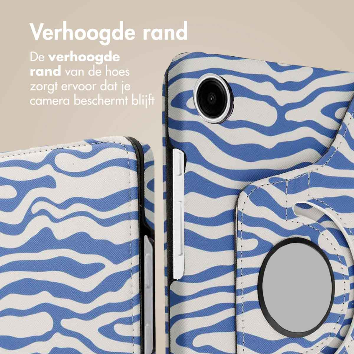 Close-up of a tablet case with a blue and white wave pattern. A camera lens is visible, and the case has a raised edge.