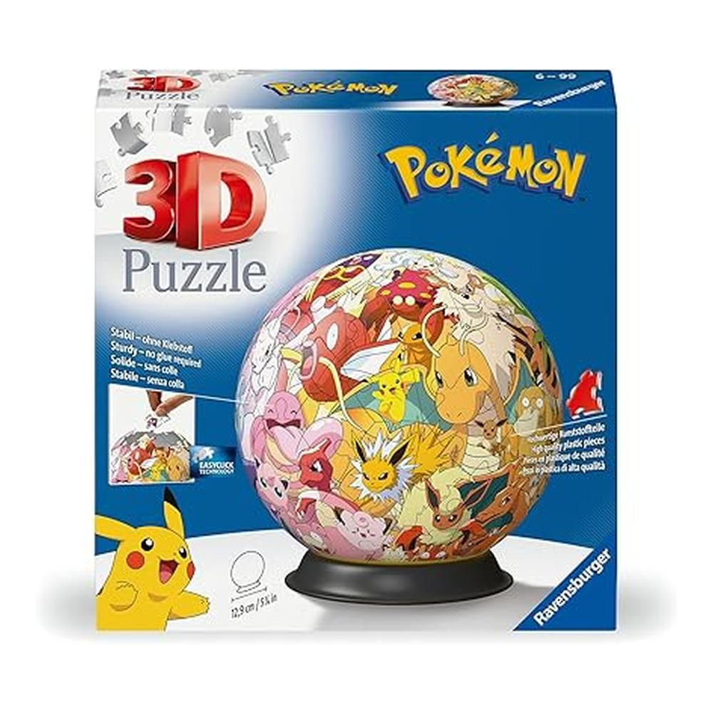 Pudełko z puzzlami 3D Pokémon. Zawiera sferyczną układankę z różnymi postaciami Pokémon na czarnej podstawie. Pudełko jest niebieskie.