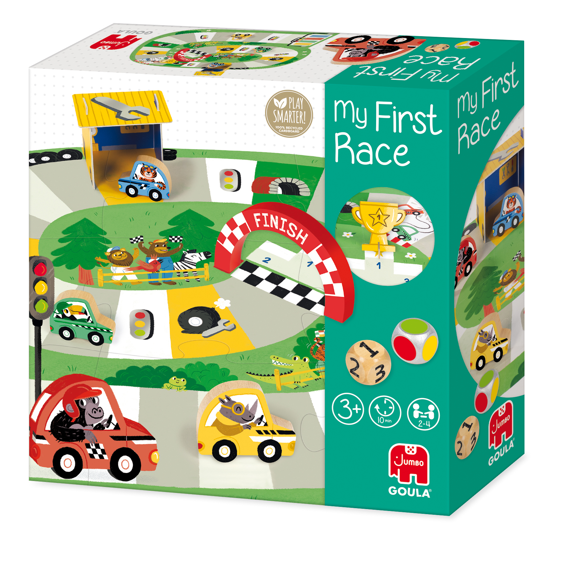 Pudełko z grą przedstawia tor wyścigowy z samochodami ze zwierzętami. Ma linię mety, kości i trofeum. Na pudełku napisano 'My First Race'.
