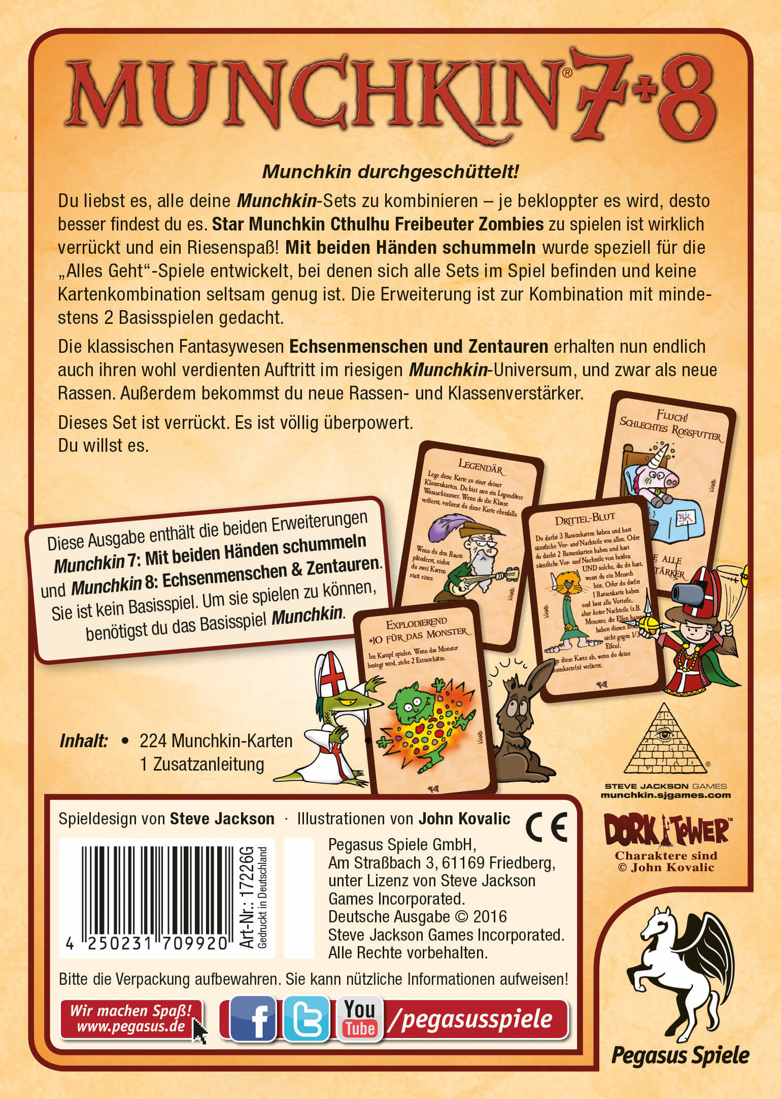 La boîte de jeu Munchkin 7+8 présente le titre du jeu, des images de cartes et des logos sur un fond marron.