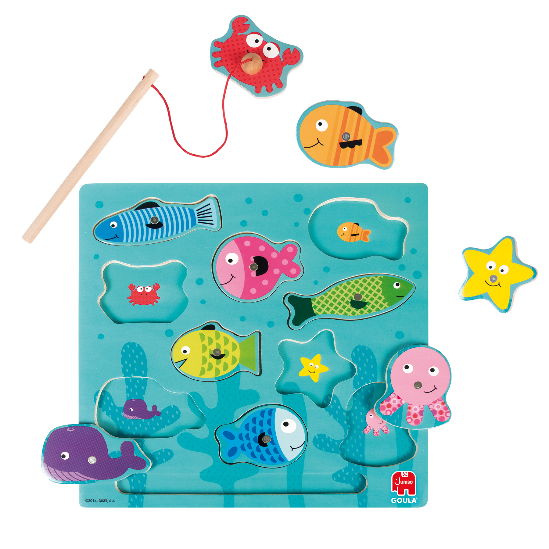 Puzzle in legno con creature marine. Include pesci, granchio, polpo e stella marina. È presente anche una canna da pesca.