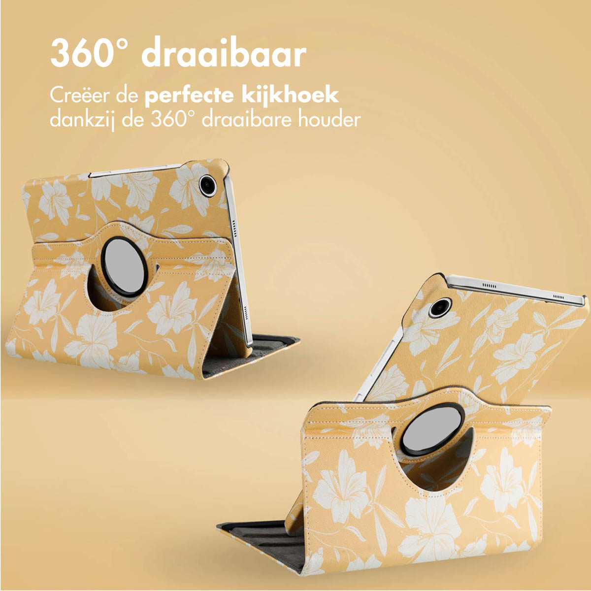 Two tablet cases with floral pattern on a yellow background. One case is open, showing the tablet. Text reads '360° draaibaar'.