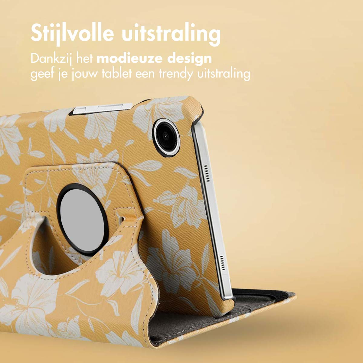 Tablet in a floral yellow case. A close-up view shows the tablet and case on a light brown background with text in Dutch.