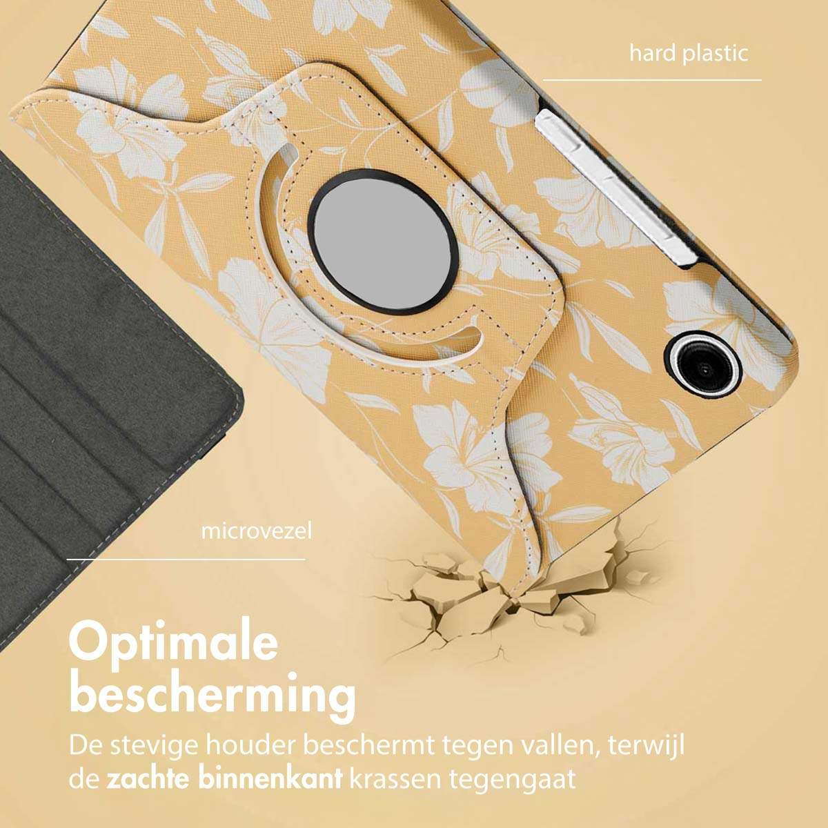 A tablet case with a floral pattern is shown. The case is yellow with white flowers. The image highlights the case's protection features.