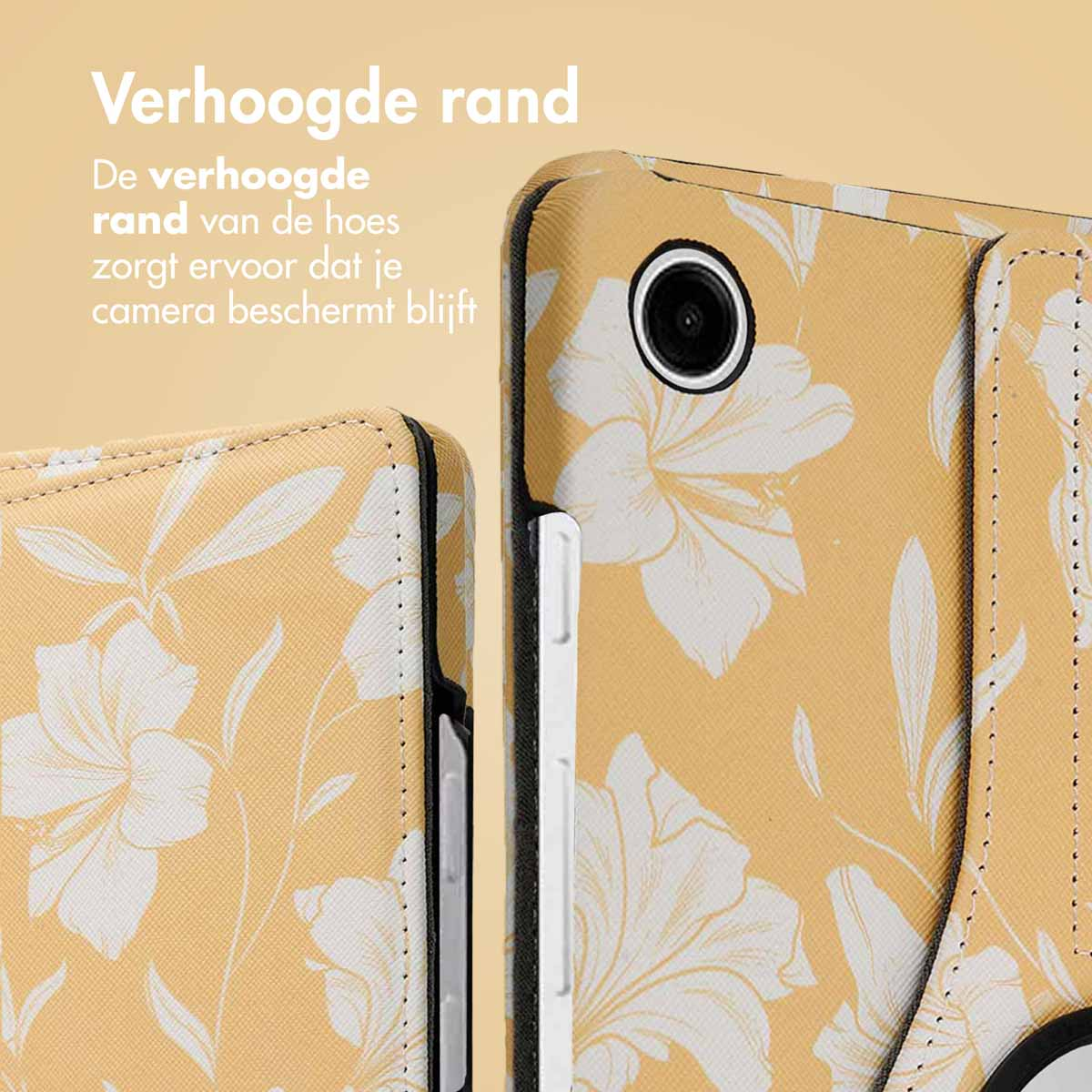 Close-up of a yellow phone case with white floral design. The case protects the camera. Text on the left: Verhoogde rand.