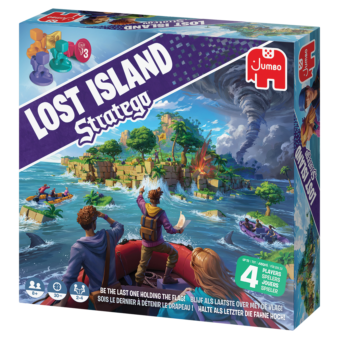 Grafika pudełka gry 'Lost Island Stratego'. Przedstawia wyspę, ludzi w łodziach, tornado i elementy gry.