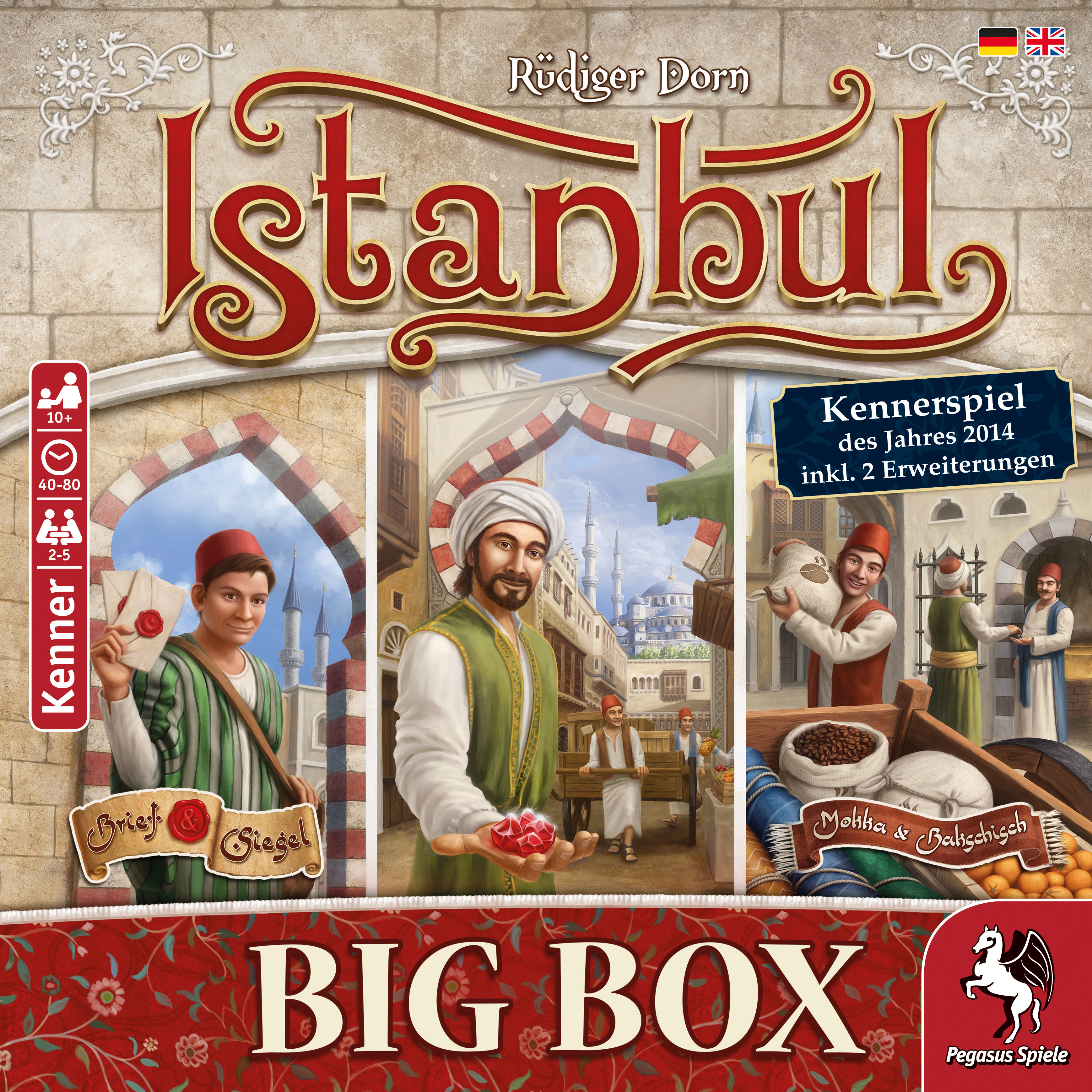 Arte de la caja del juego de mesa. Tiene tres escenas de Estambul. Figuras con ropa tradicional. El título está en letras rojas grandes.