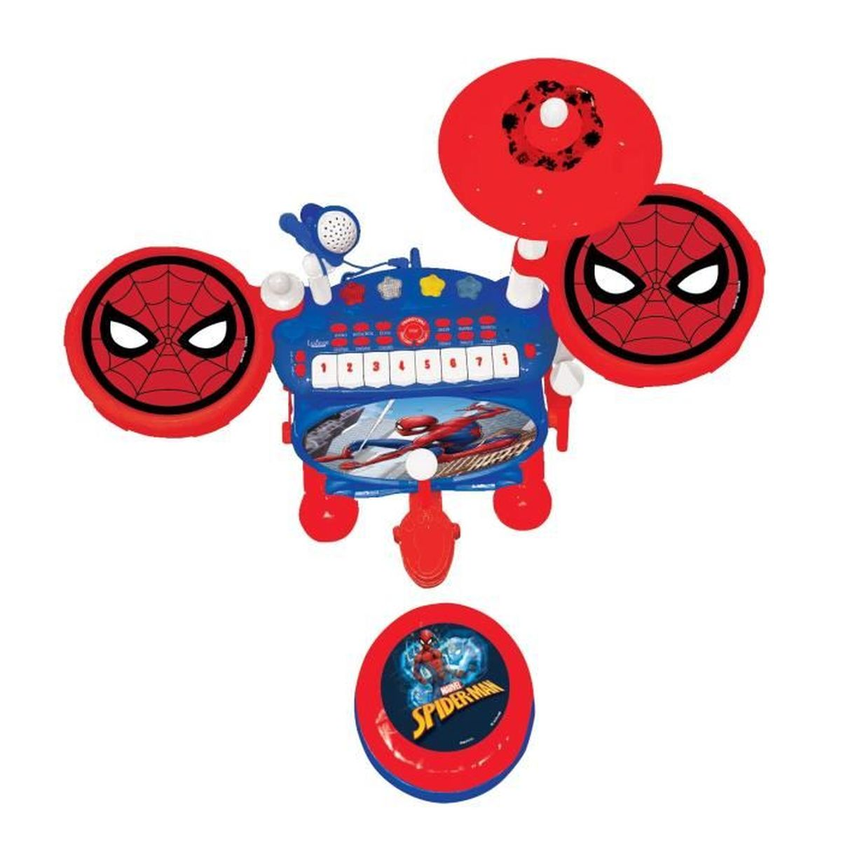 Un juego de batería de juguete con el tema de Spider-Man. El juego es principalmente rojo y azul, con imágenes de Spider-Man. Incluye parches y un teclado.