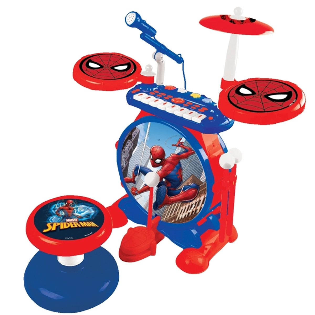 Un juego de batería de juguete de Spider-Man. Tiene un tambor, platillos, un teclado, un micrófono y un taburete. Los colores son rojo, azul y blanco.