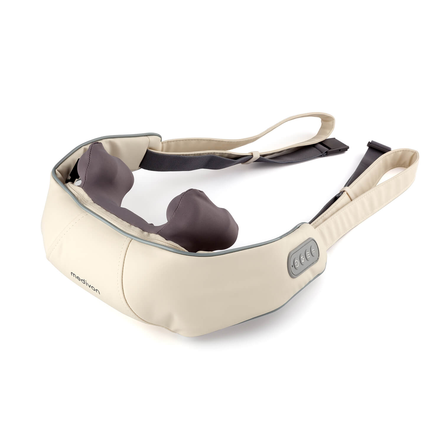 Un masajeador de cuello beige con detalles grises y botones de control, sobre una superficie blanca. Marca 'medivon' visible.