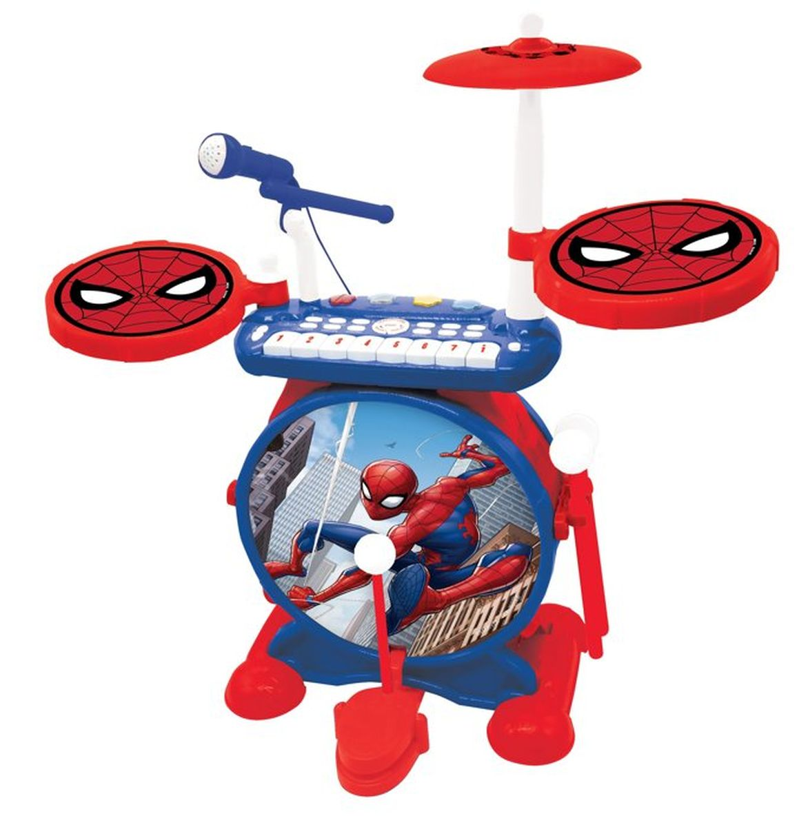 Un juego de batería de juguete con temática de Spider-Man con teclado, micrófono y platillos. Con Spider-Man en el tambor.
