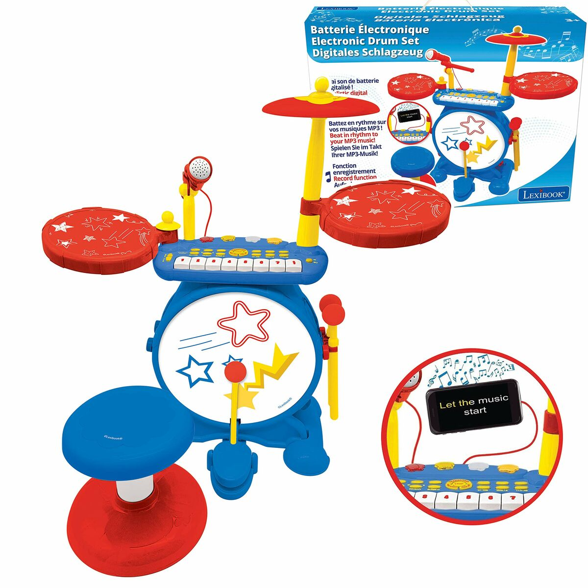Un juego de batería de juguete azul y rojo con una caja. Tiene un tambor, platillos, un asiento y un teclado.