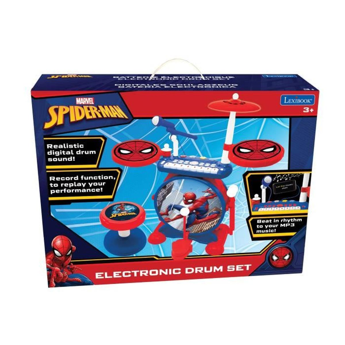 Un juego de batería electrónica de Spider-Man en una caja. Tiene colores rojo, azul y blanco y el logotipo de Spiderman.