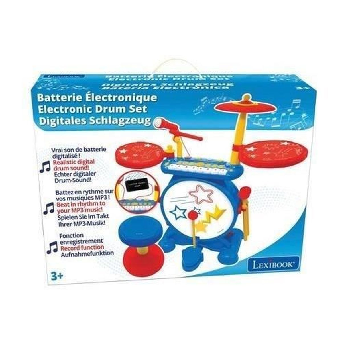 Un juego de batería electrónica de juguete azul y rojo. Tiene parches de batería, un micrófono y un taburete. La caja dice 'Electronic Drum Set'.