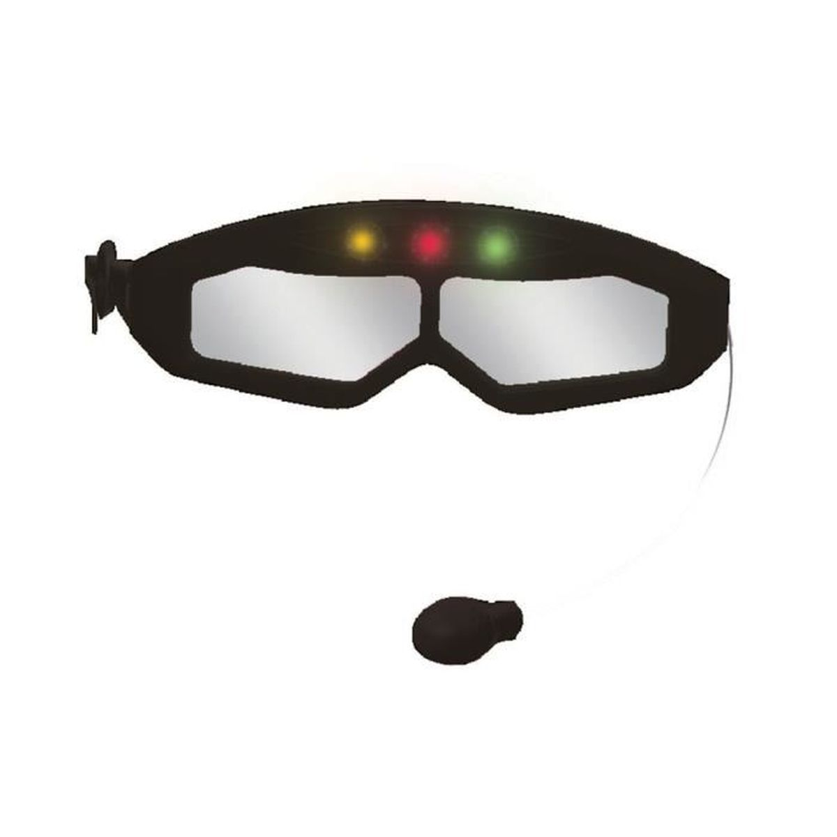 Gafas futuristas negras con tres luces de colores y dos lentes. Un micrófono está conectado a las gafas.