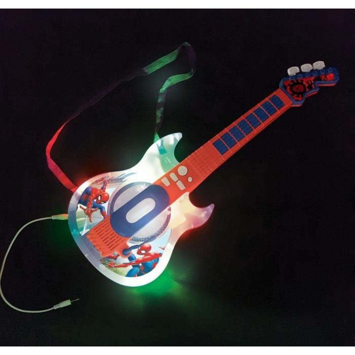 Una guitarra de juguete con gráficos de Spider-Man, diseño naranja y azul, luces brillantes y una correa, sobre fondo negro.
