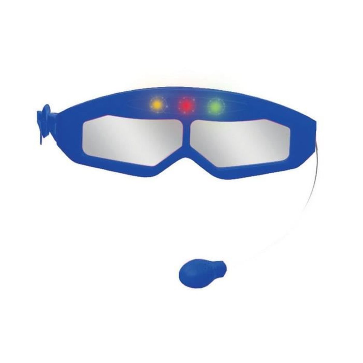 Gafas azules de juguete con tres luces, amarilla, roja y verde. Tienen lentes reflectantes y un micrófono azul.