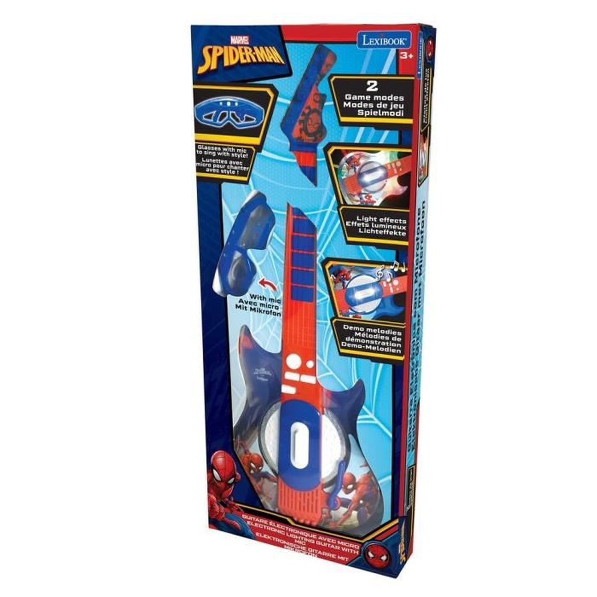 Una guitarra de juguete de Spider-Man con micrófono y gafas, en una caja. La guitarra es roja, azul y blanca con gráficos de Spider-Man.
