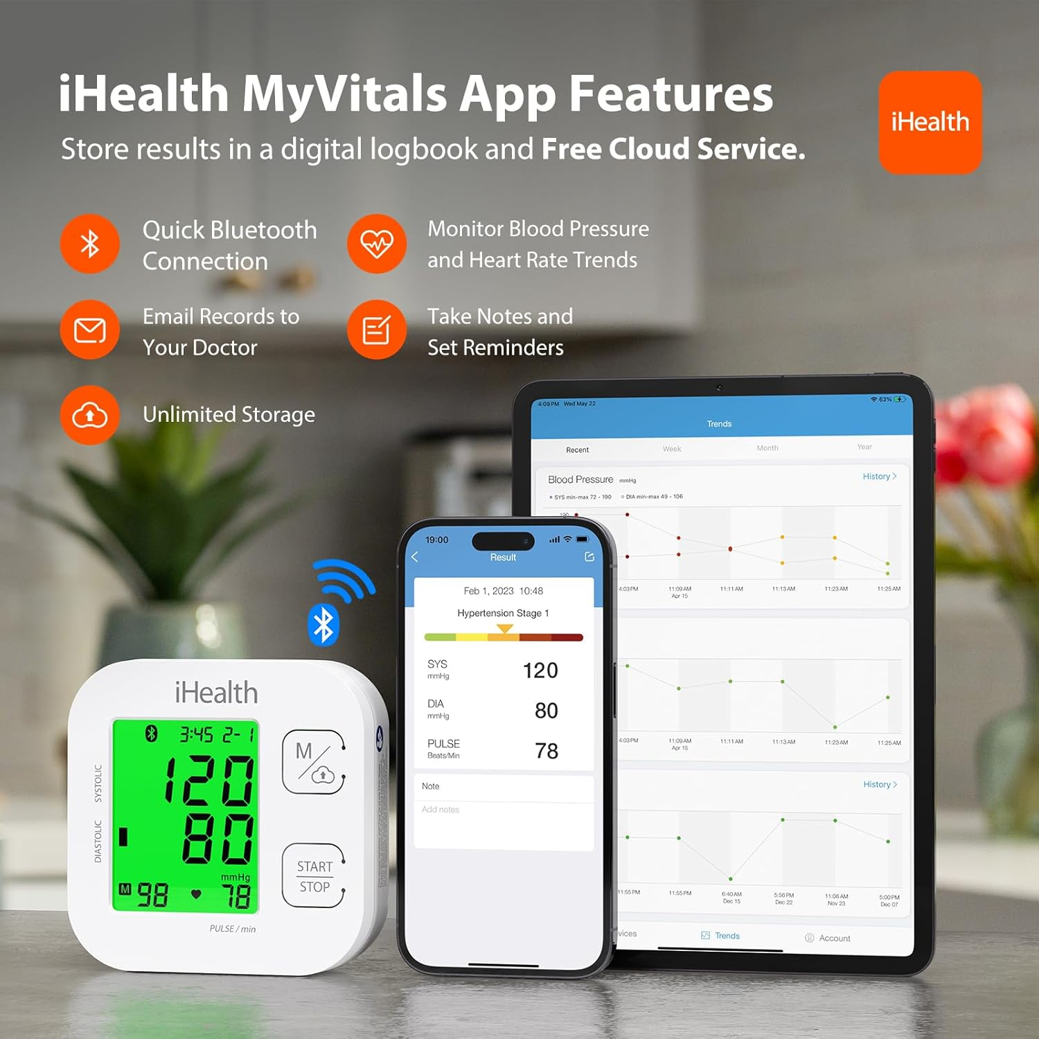 Das Bild zeigt ein iHealth Blutdruckmessgerät, ein Telefon und ein Tablet, die Gesundheitsdaten und Trends anzeigen.