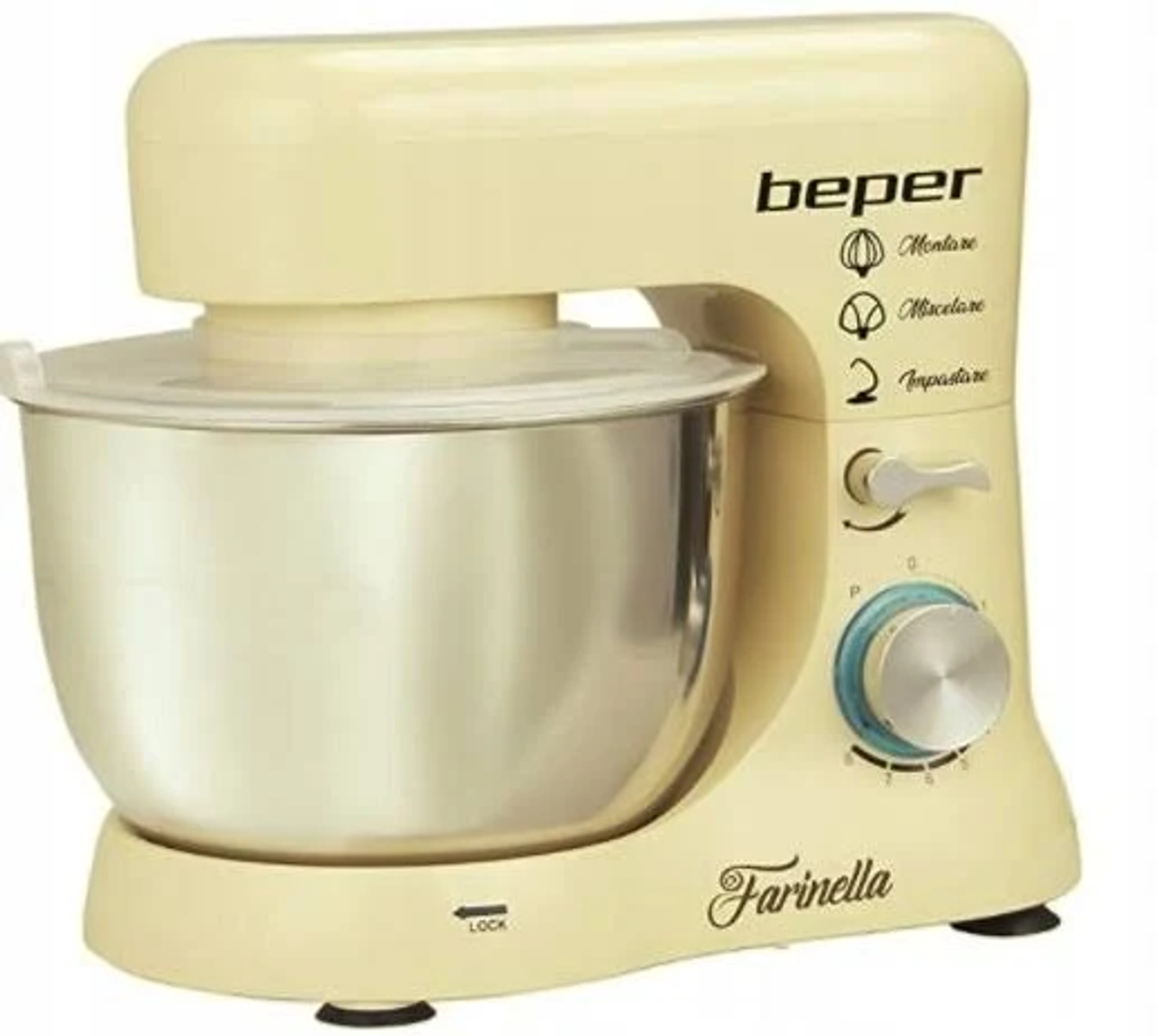 Un'impastatrice Farinella Beper color crema. Ha una ciotola in acciaio inox, un pannello comandi e un quadrante.