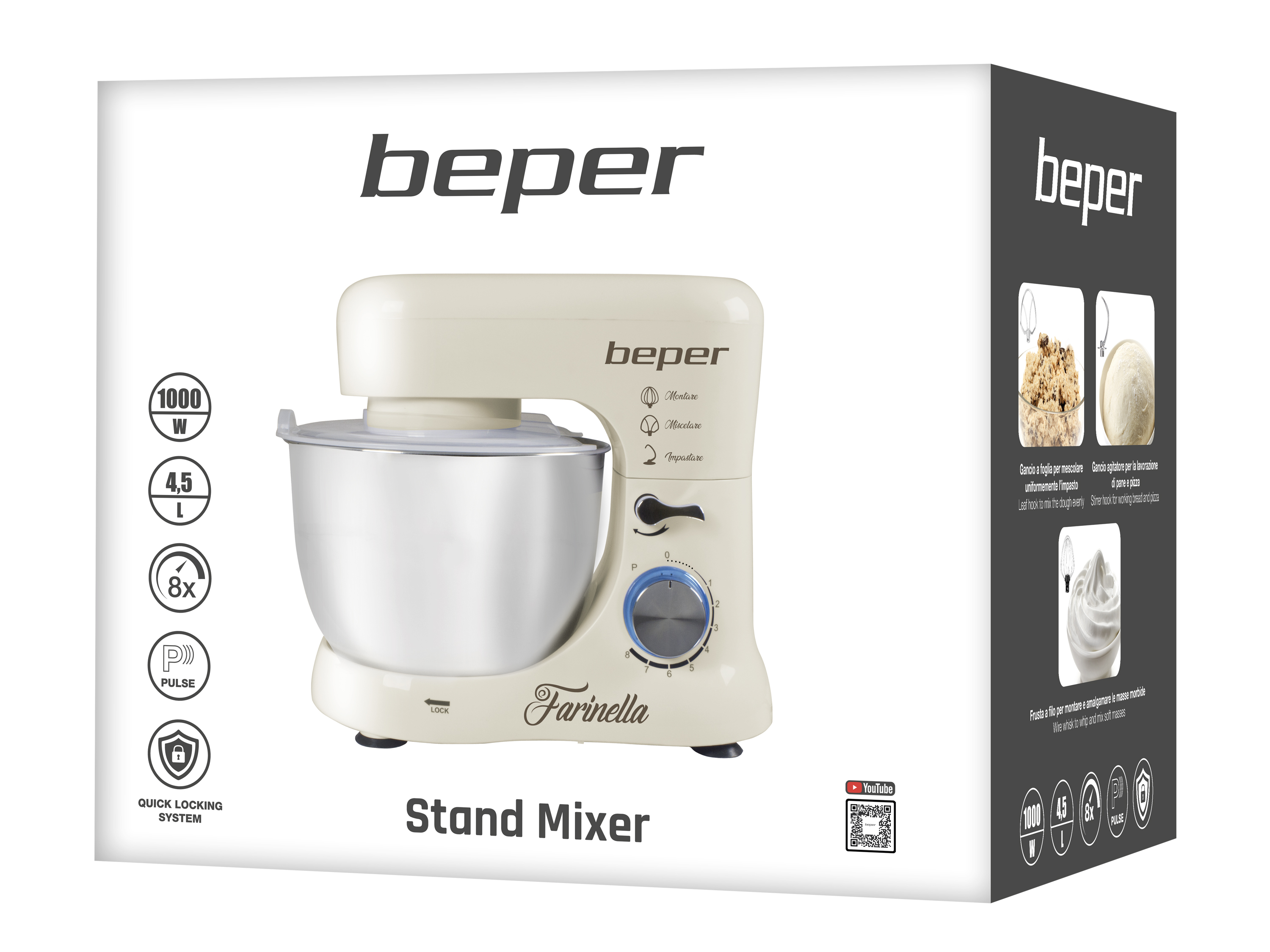 Un'impastatrice beige con una ciotola in acciaio inossidabile e varie icone di funzione sulla scatola.