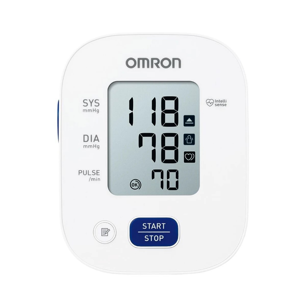 Un monitor de presión arterial Omron blanco muestra lecturas: 118/78 con un pulso de 70. Tiene botones de inicio/parada y un símbolo de OK.
