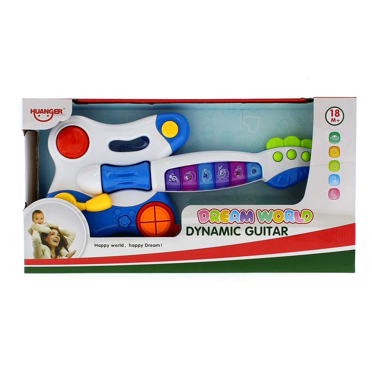Una guitarra de juguete en una caja. Es blanca y azul con botones coloridos y dice 'Dream World Dynamic Guitar'.