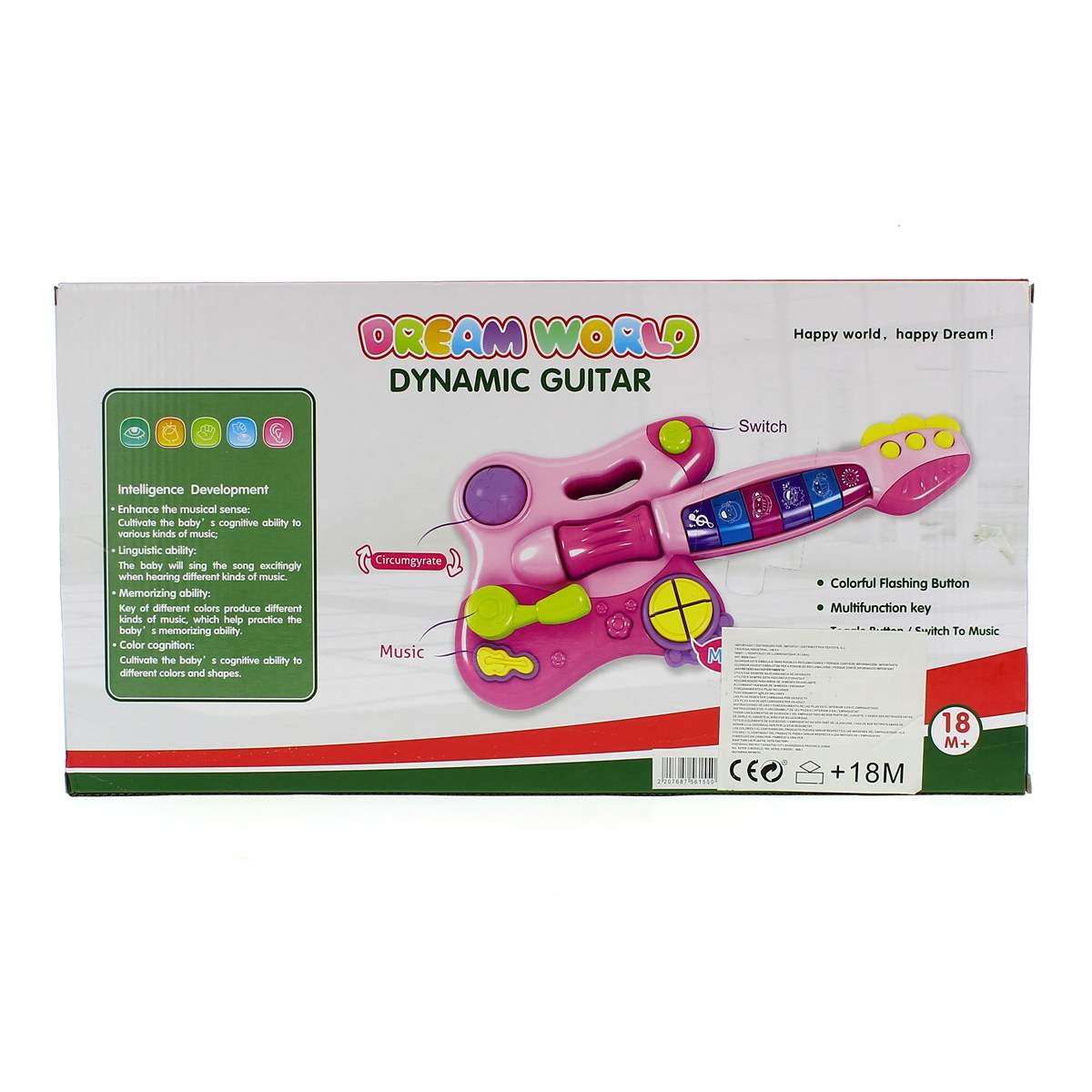 Una caja de juguetes de guitarra dinámica Dream World rosa. La guitarra es rosa con botones e interruptores. El texto promueve el desarrollo de la inteligencia.