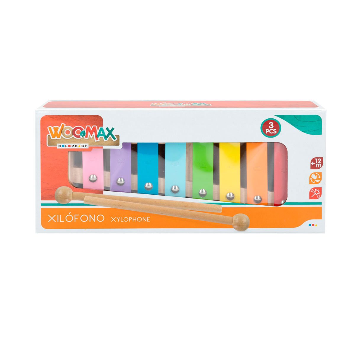Juguete de xilófono en caja con mazos de madera. Barras coloridas incluyen rojo, naranja, amarillo y verde. La caja dice 'XILÓFONO'.