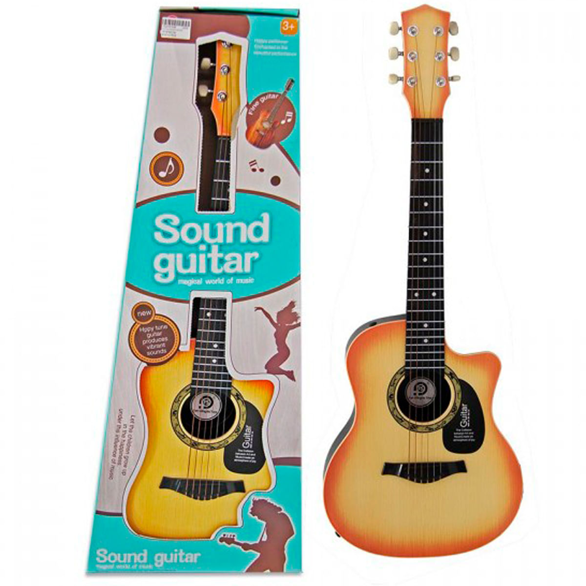 Guitarra acústica y su embalaje. La guitarra es amarilla y marrón. El embalaje muestra una ilustración de guitarra y texto.