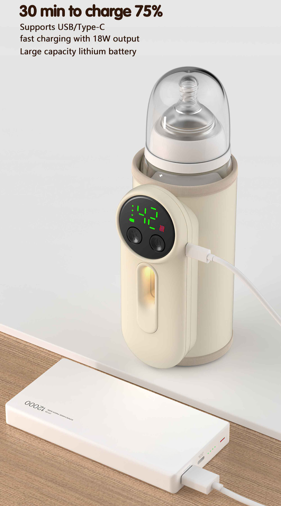 Ein Babyflaschenwärmer mit Digitalanzeige, der über ein USB-C-Kabel mit einer weißen Powerbank verbunden ist.