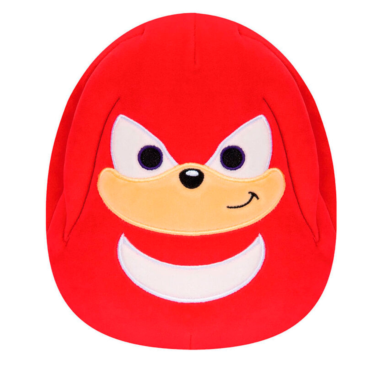 Un peluche rojo de Knuckles de Sonic. Tiene ojos blancos, hocico beige, nariz negra y una sonrisa blanca.