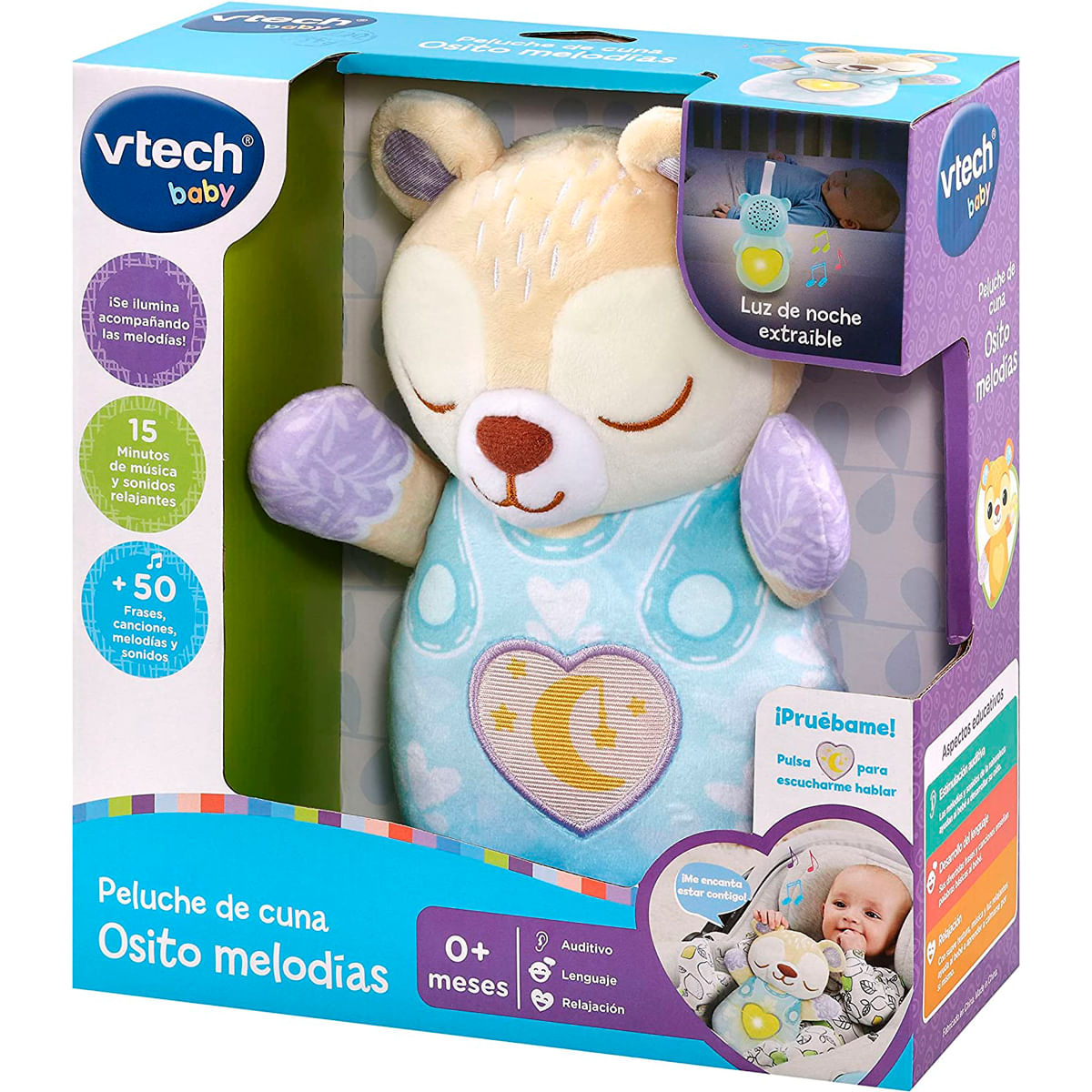 Un juguete VTech para bebés, un oso de peluche en una caja. Tiene un corazón con una luna en el vientre y una luz nocturna.