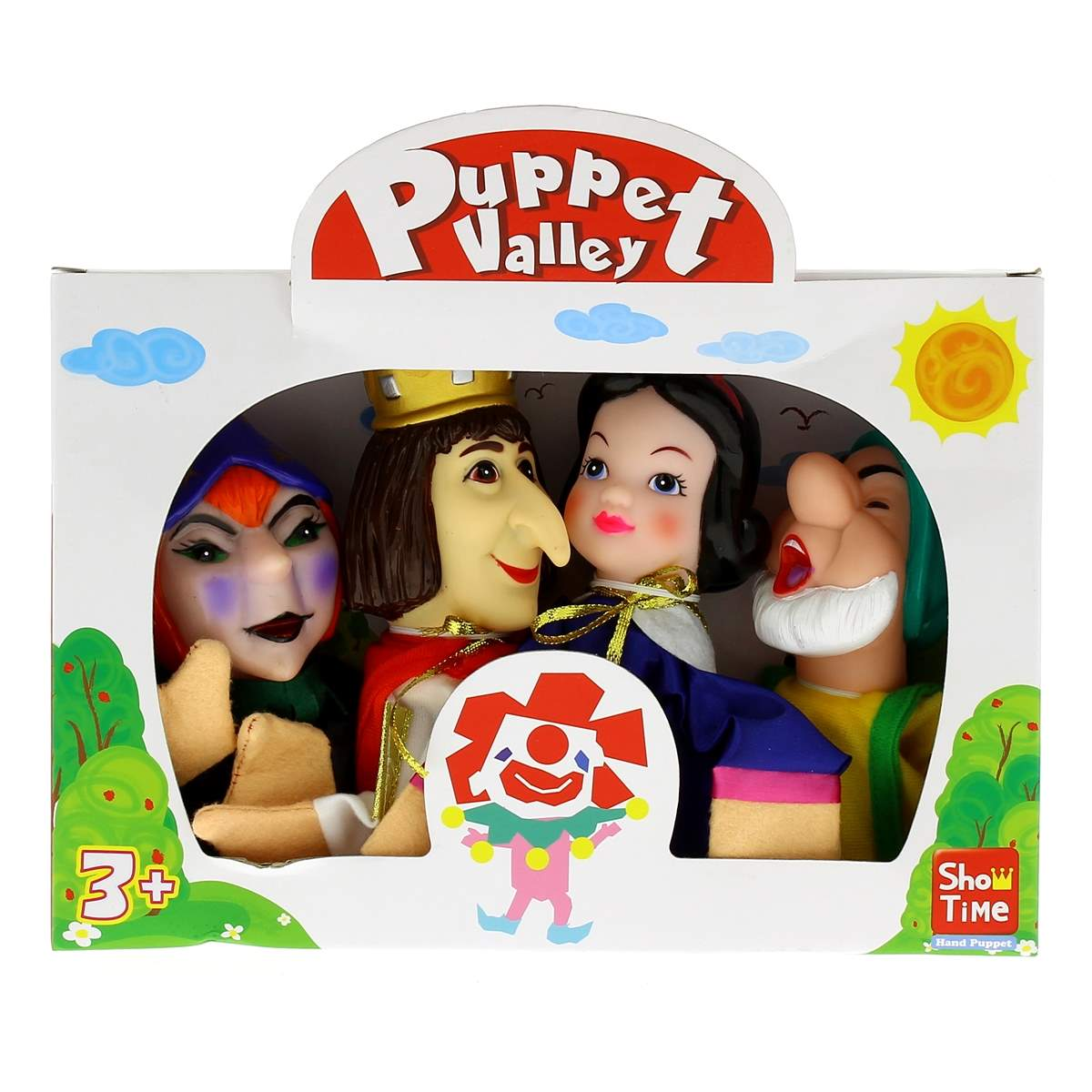 Un juego de marionetas en una caja. Muestra a Blancanieves, un rey, un enano y una bruja. La caja tiene el texto "Puppet Valley".