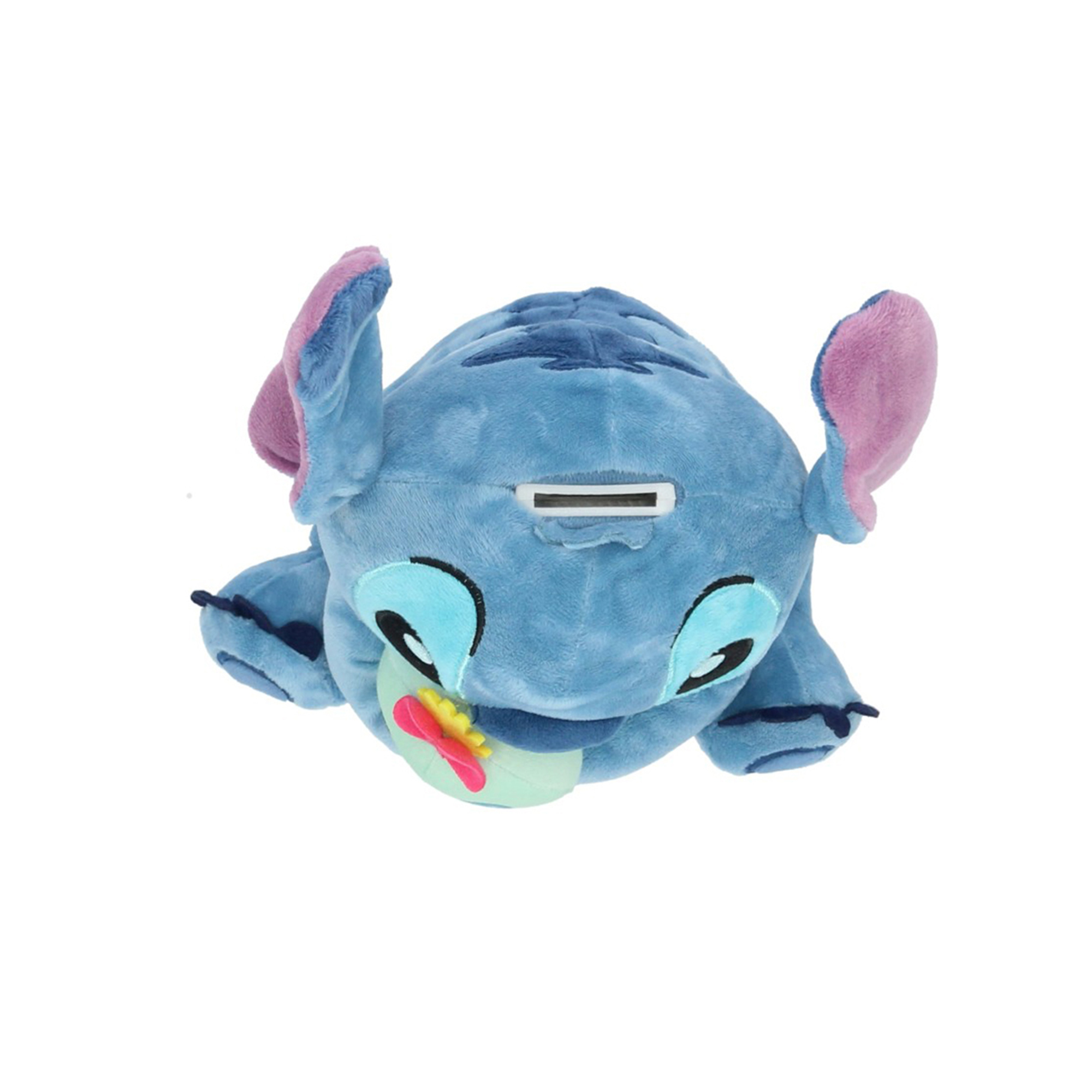 Un salvadanaio di peluche Stitch blu con orecchie foderate di rosa e una fessura per le monete sulla schiena. Bocca aperta.
