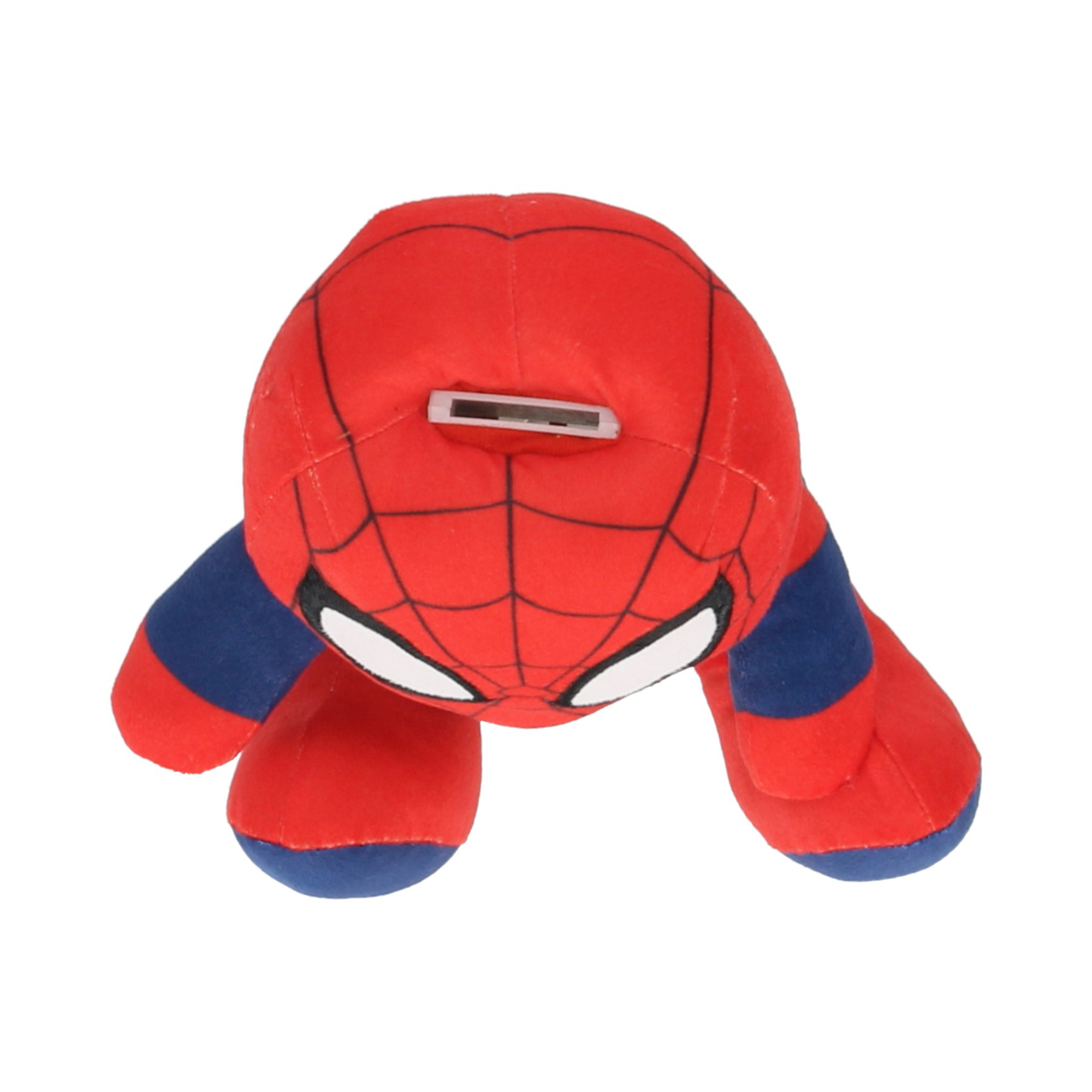 Un peluche di Spider-Man, rosso e blu, con una fessura per le monete sulla parte superiore. Gli occhi sono bianchi e il motivo a ragnatela è nero.