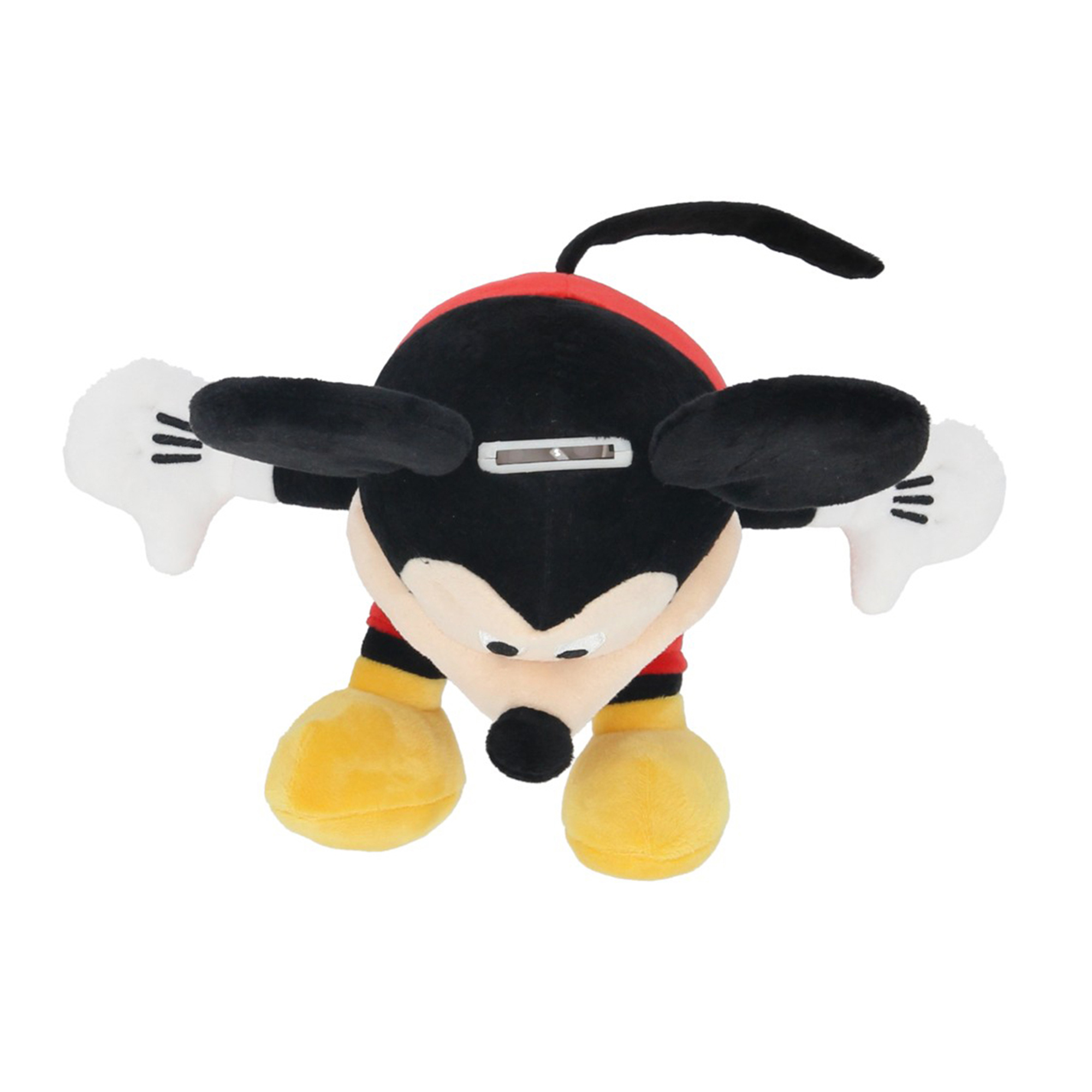Peluche di Topolino. Colori nero, rosso e giallo. Guanti bianchi e scarpe gialle. Fessura per monete sulla testa.