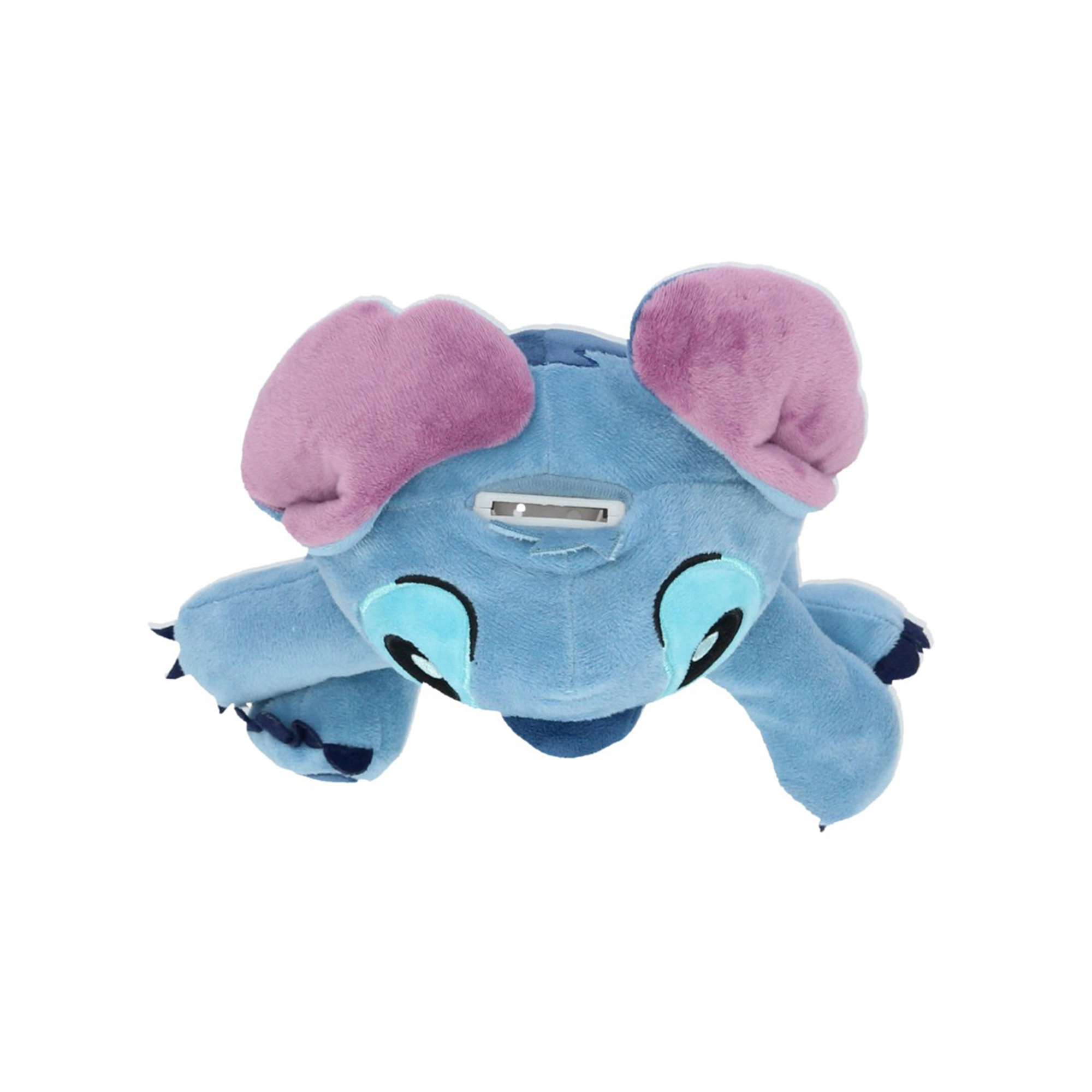 Un peluche azul de Stitch con orejas grandes, una ranura para monedas y garras azul oscuro.