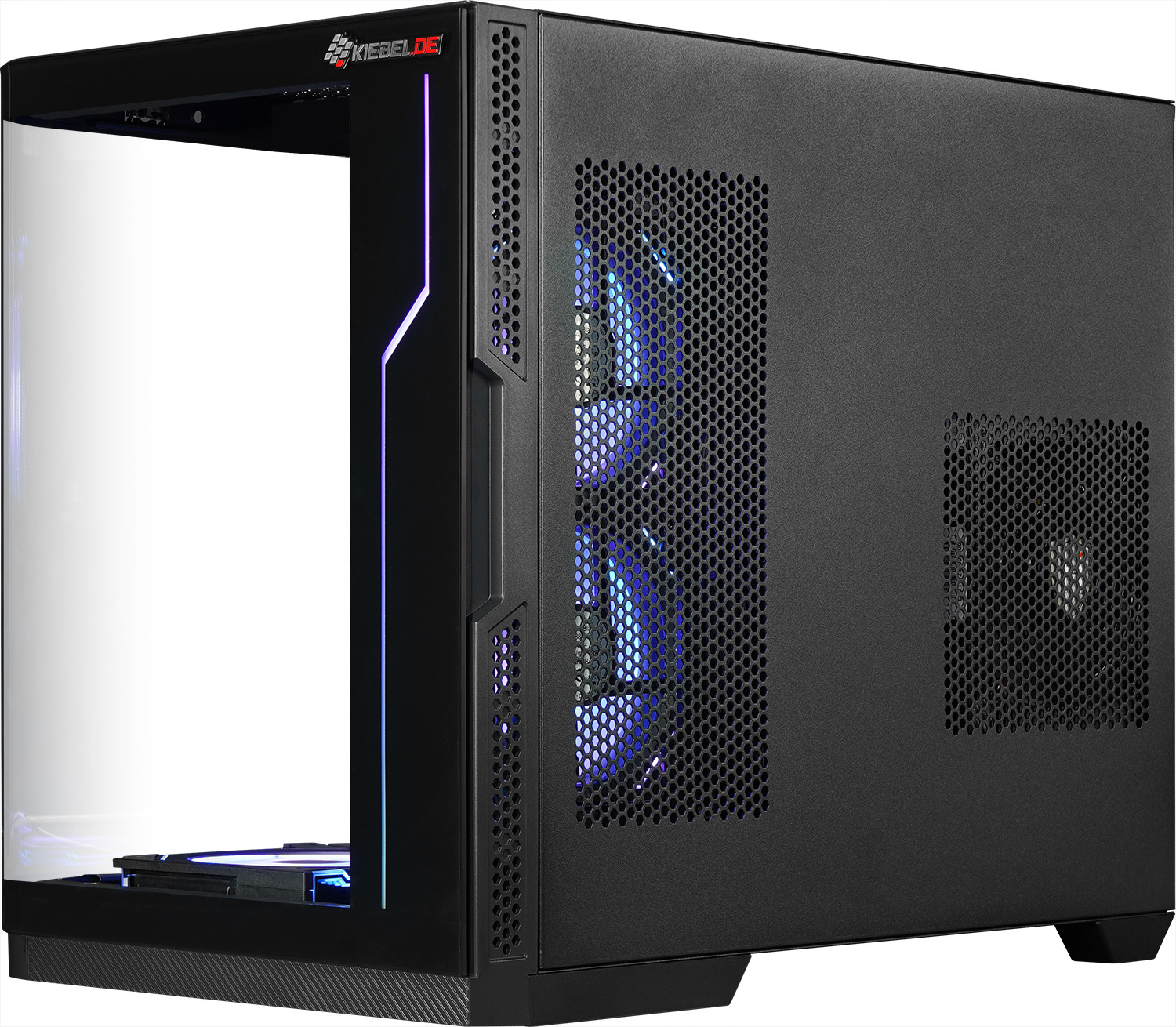 Boîtier d'ordinateur noir avec un panneau latéral transparent. Des lumières bleues et violettes sont visibles à l'intérieur. Le devant a un design en maille.