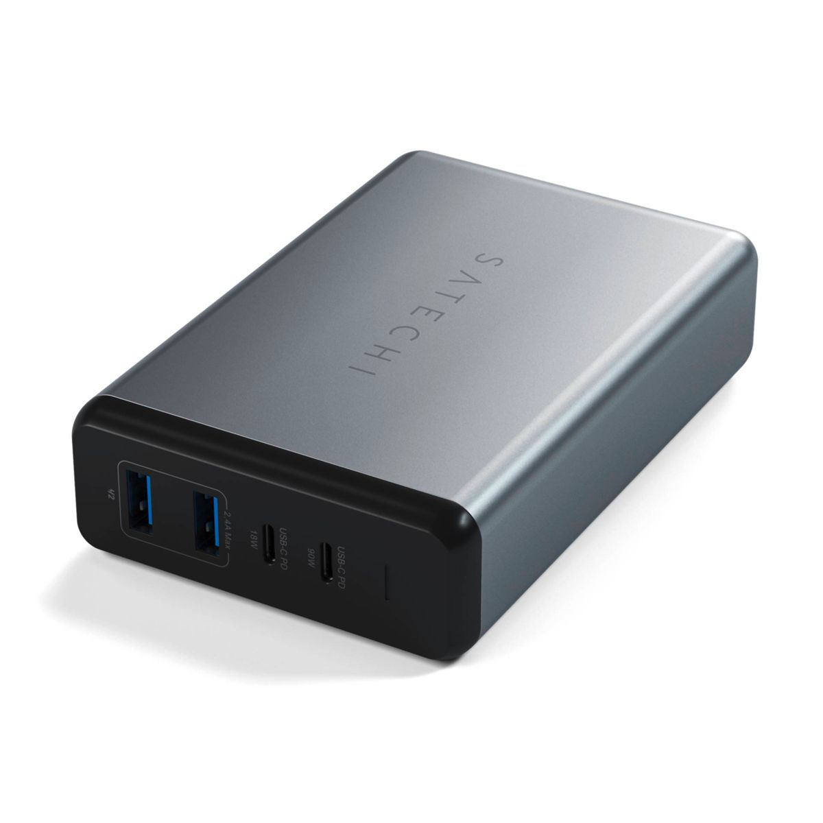 Ein grauer Satechi-Ladehub mit mehreren Anschlüssen. USB- und USB-C-Anschlüsse sind auf einer schwarzen Platte sichtbar. Das Satechi-Logo ist oben.
