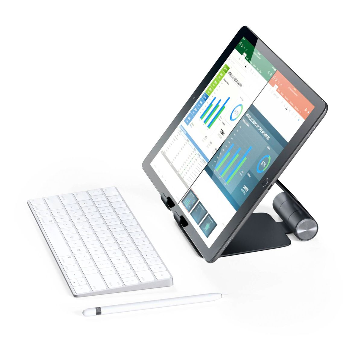 Tablet mit Diagrammen, Tastatur und Stift. Das Tablet steht auf einem Ständer. Weißer Hintergrund.