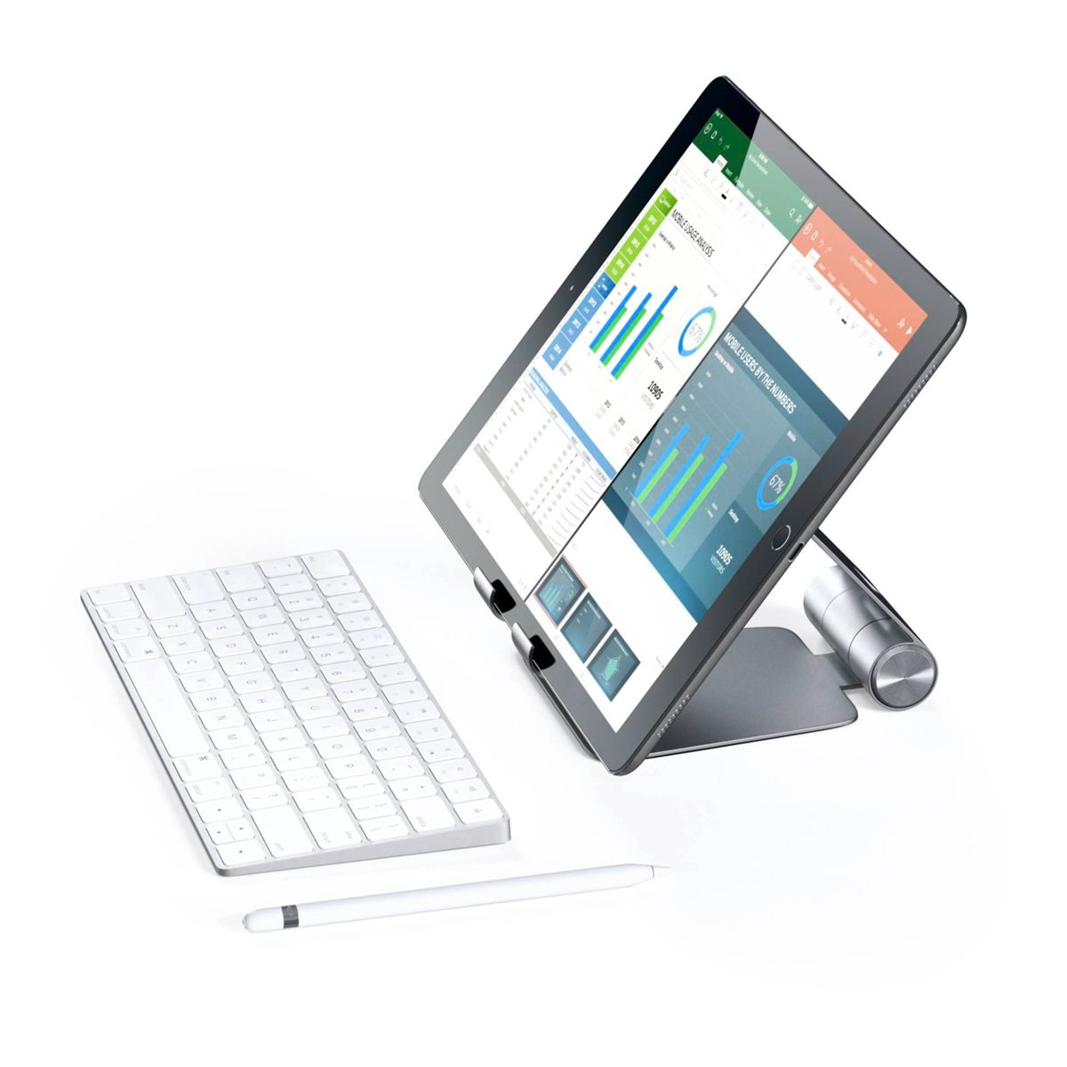 Ein Tablet zeigt Diagramme und Grafiken. Eine weiße Tastatur und ein Stift sind im Vordergrund. Das Tablet steht auf einem Ständer.