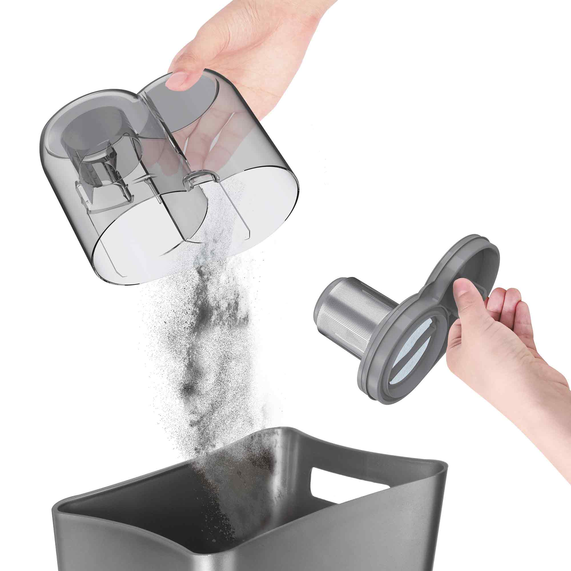 Ręce opróżniają pojemnik na kurz odkurzacza do pojemnika. Trzymany jest filtr. Pył spada. Wszystko jest szare.