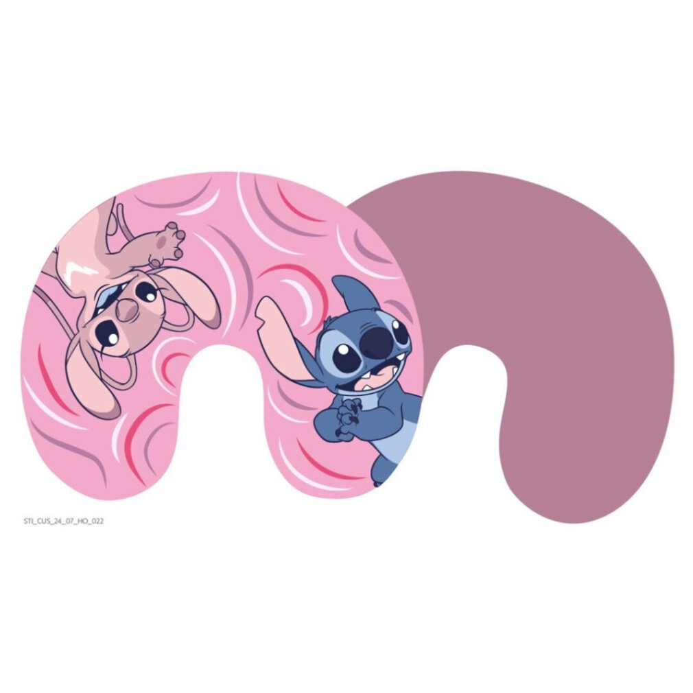 Das Bild zeigt Stitch und Angel auf einem rosa Kissen. Stitch ist blau, Angel ist rosa. Der Hintergrund ist weiß.