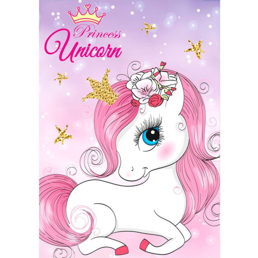 Ein Cartoon-Einhorn mit rosa Mähne und Schweif, das einen Blumenkranz, eine goldene Krone und das Wort Einhorn trägt.