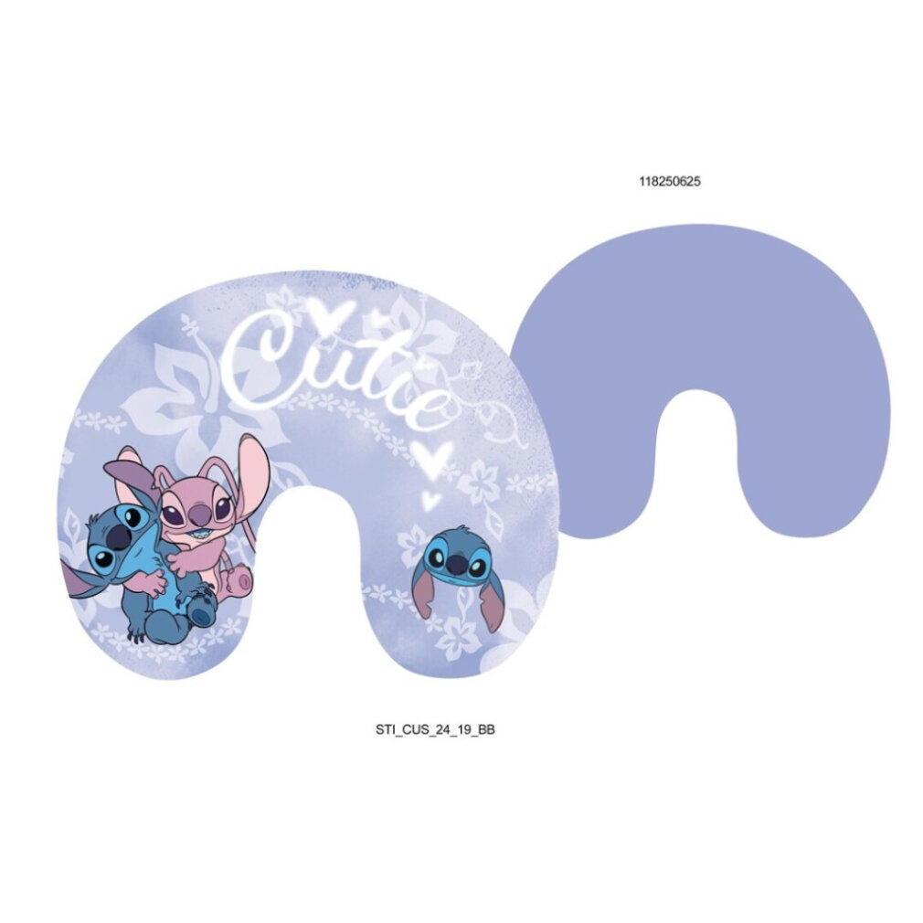 Blaues U-förmiges Reisekissen mit Stitch- und Angel-Charakteren. Das Wort 'Cutie' ist darauf geschrieben, zusammen mit floralen Mustern.