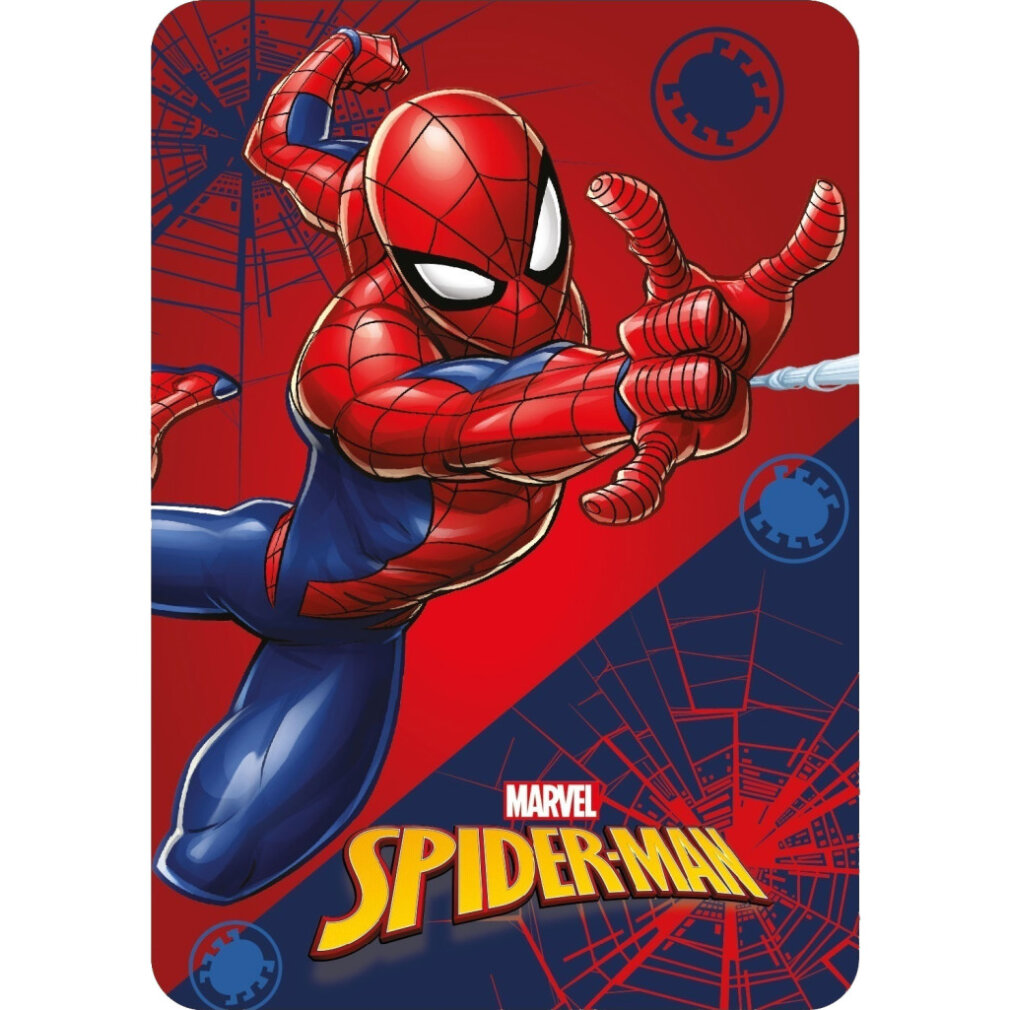 Spider-Man in Aktion, rot-blauer Anzug, Spinnennetz schießen. Roter und blauer Hintergrund mit Logo.