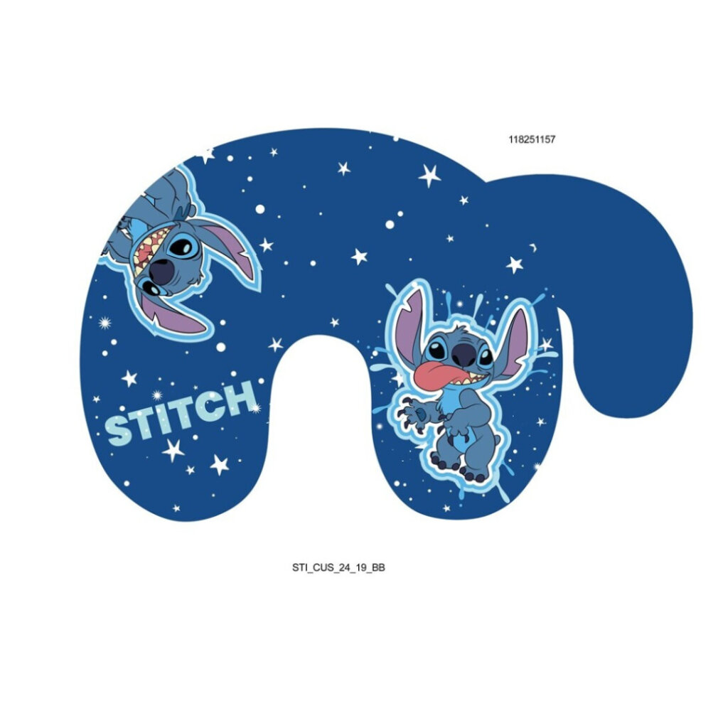 La imagen muestra una almohada azul con forma de 6. Presenta a Stitch, el extraterrestre, en dos poses, con estrellas y la palabra STITCH.