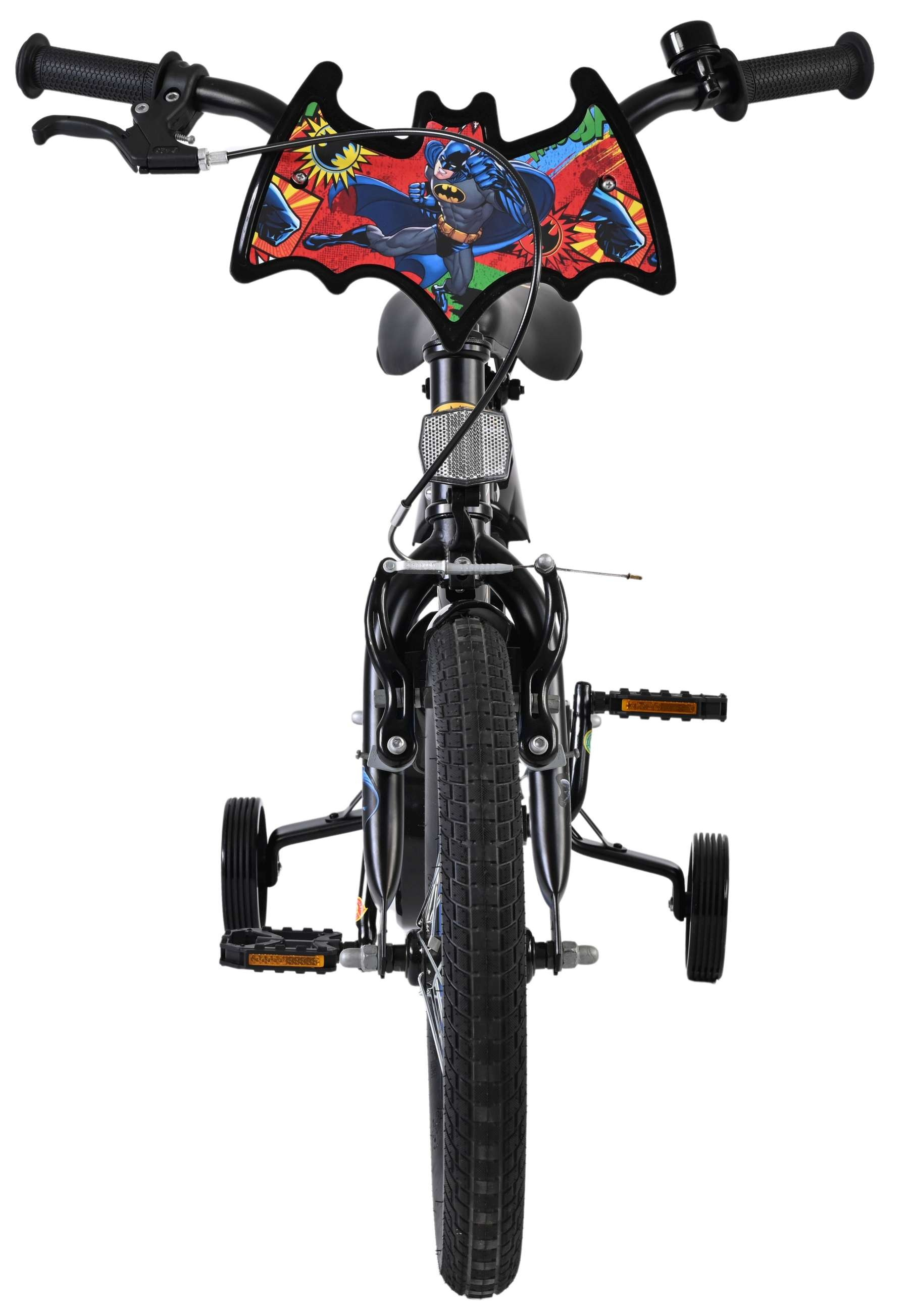 Ein Fahrrad im Batman-Design mit Stützrädern, schwarzem Rahmen und Batman-Logo am Lenker.