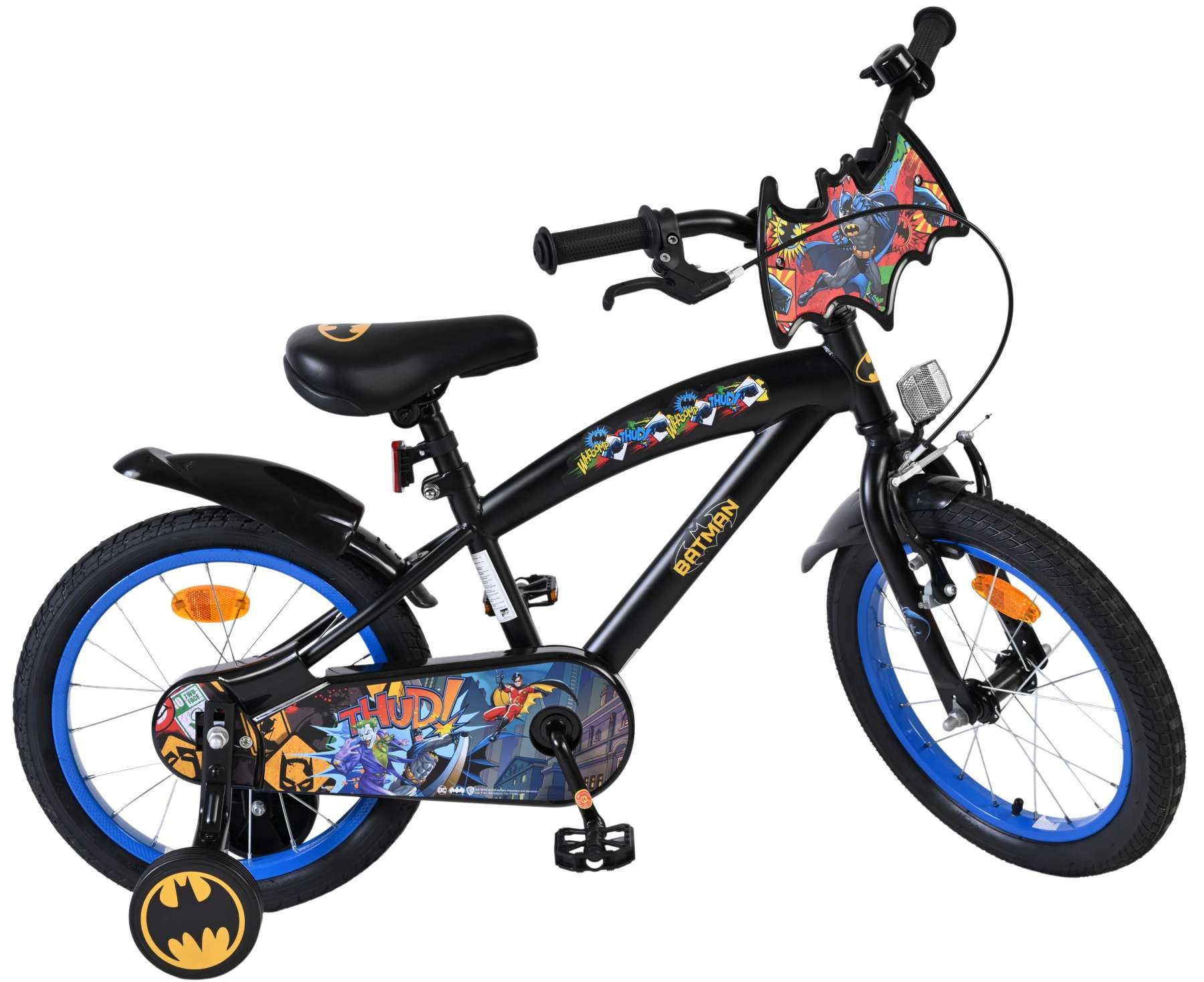 Ein Batman-Kinderfahrrad, schwarzer Rahmen, blaue Räder. Mit Batman-Logo und Comic-Grafiken. Inklusive Stützräder.